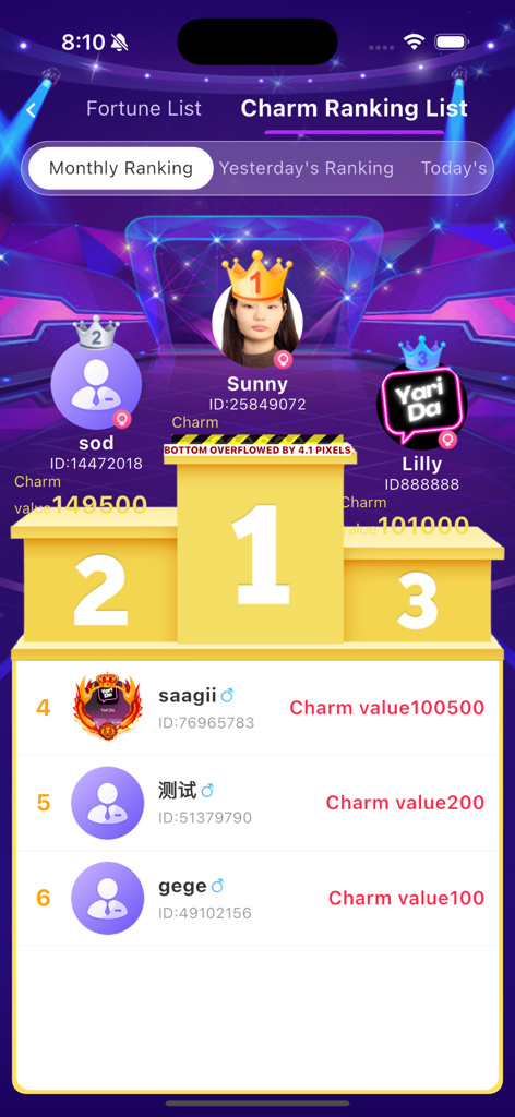 Yari Da - L'interface de l'application Yari Da affichant la liste de classement des charmes avec les utilisateurs sur un podium de vainqueurs.