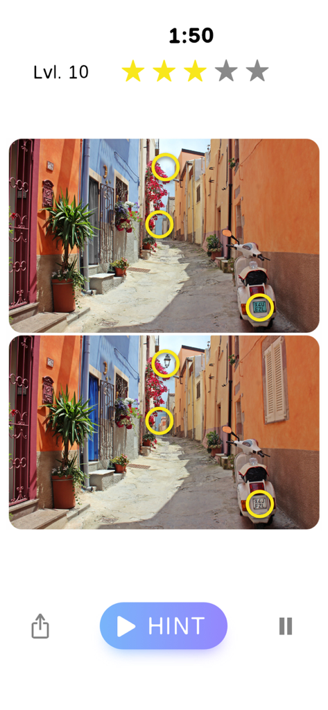 Captura de pantalla del juego de Encuentra las Diferencias Encuentra 5 mostrando dos fotos de una estrecha calle mediterránea con círculos amarillos marcando las diferencias encontradas.