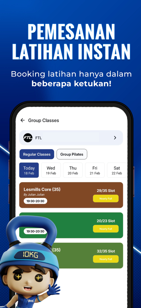 FTL STRIDE mobile app interface showing group fitness class schedule and booking options