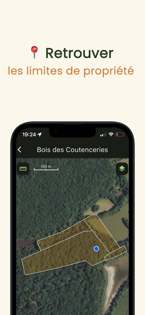 MaForêt Cartographie - Satellite view of property boundaries and GPS location in the MaForet Cartographie app