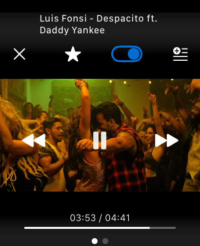 WristTube+ Player for YouTube - WristTube+ YouTube video player interface on Apple Watch displaying a music video and playback controls
