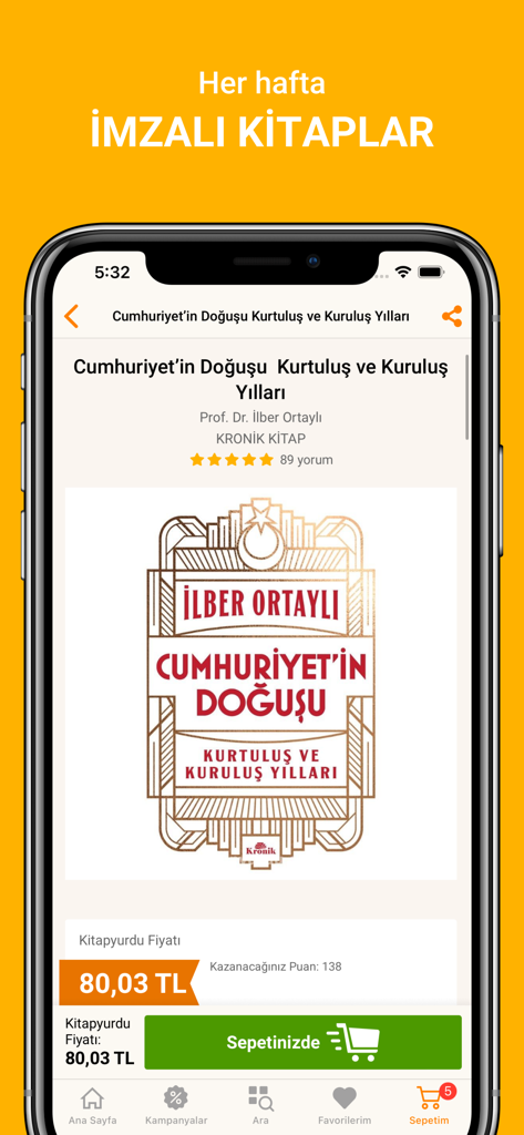 Kitapyurdu app interface showing a Turkish history book by Ilber Ortayli with a signed books promotional banner