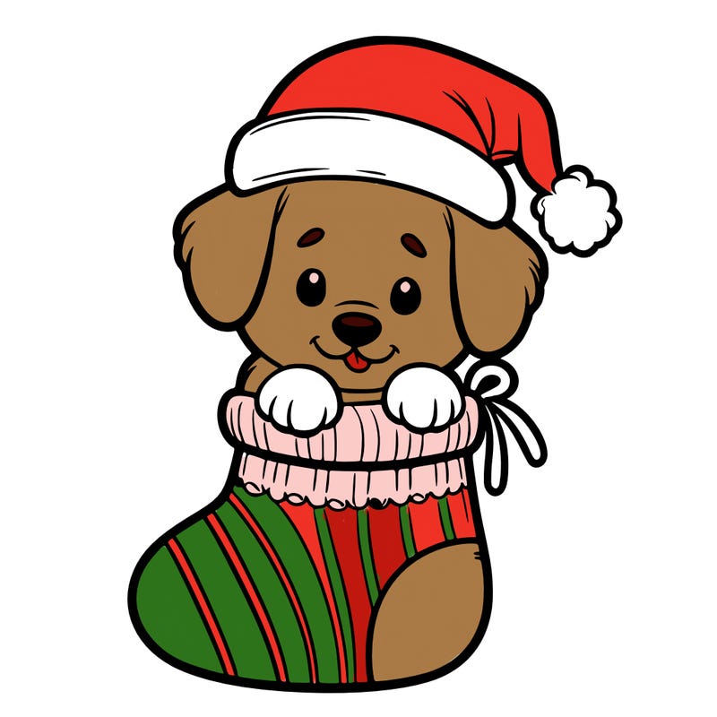 cute puppy wearing santa hat in socking