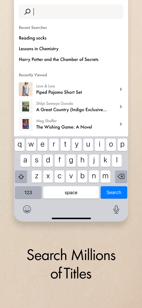 Indigo - Search screen of the Indigo app showing recent book searches and viewed items