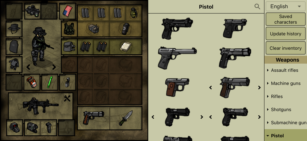 Innawoods - Interface of Innawoods app showing a character gear loadout on the left and a pistol selection menu on the right.