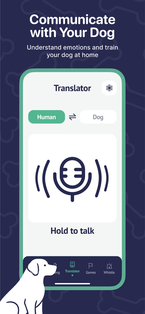 Main screen of Woofi Dog Translator app featuring a human to dog translation interface with a microphone icon.