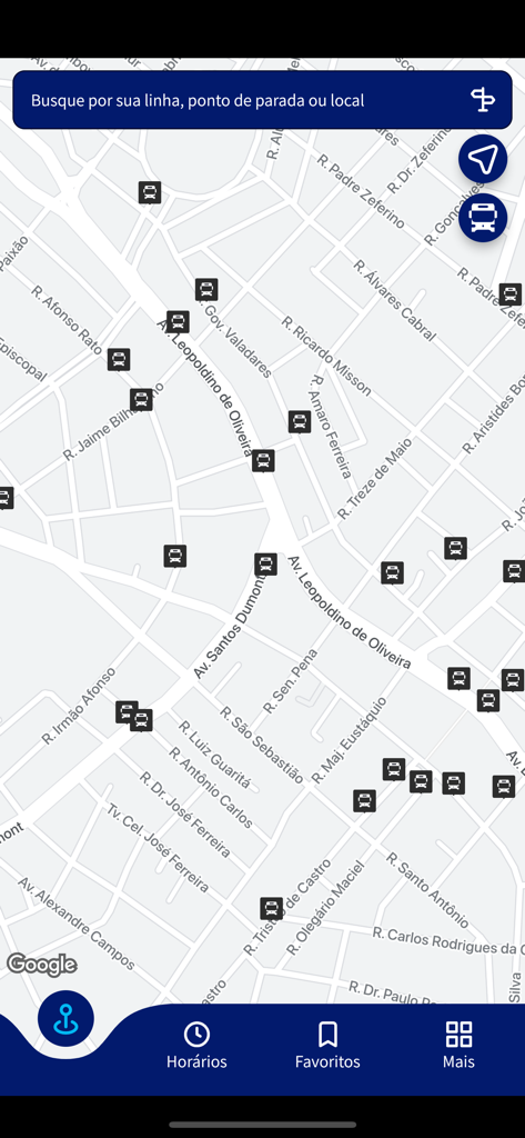 BusU - Interfaz de la aplicación BusU mostrando un mapa de Uberaba con iconos de varias ubicaciones de paradas de autobús.