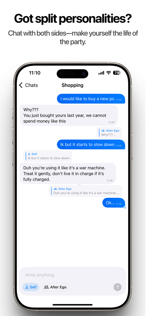 SoloType - Chat with Yourself - SoloType app chat screen showing internal dialogue between user and alter ego personas