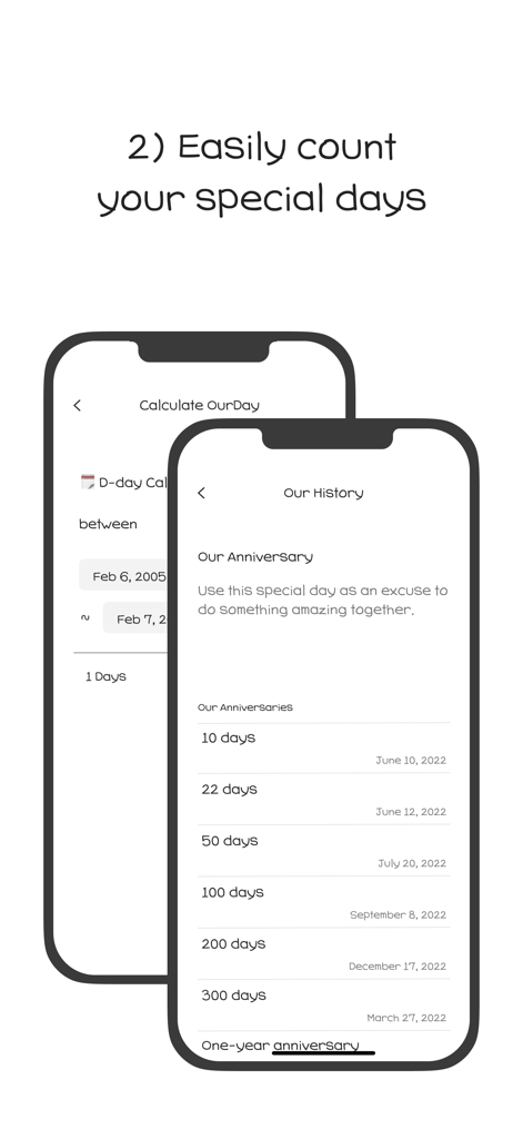 OurDay - Our Minimi in Widget - Mobile app screens showing a D-Day calculator and a list of relationship milestones like anniversaries