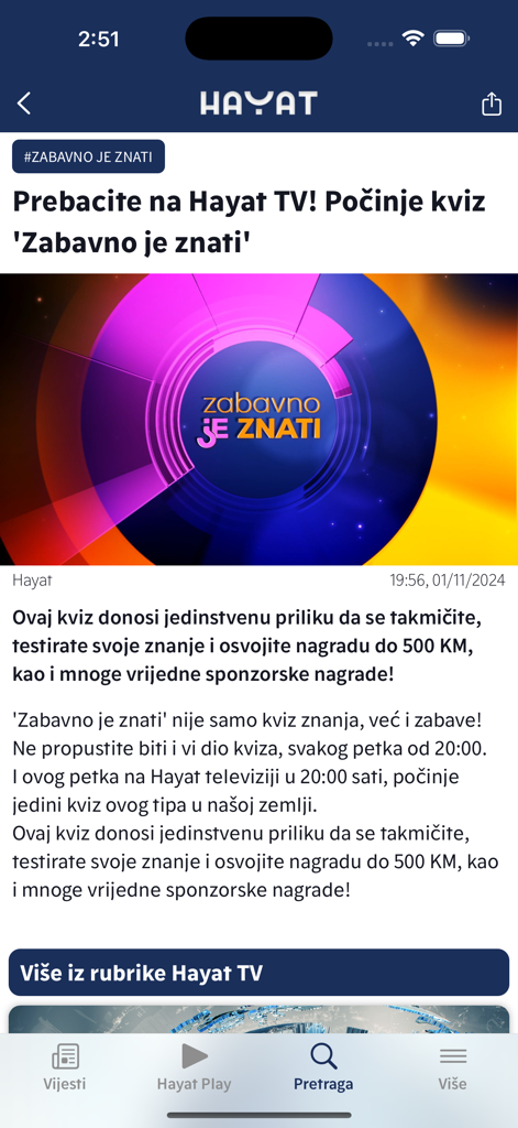 Nachrichtenbereich der Hayat-App mit einem Artikel über eine bosnische Quizshow namens Zabavno je znati