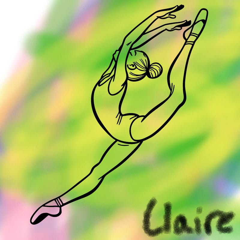 gymnast doing a leap in a leotard with a bent back leg