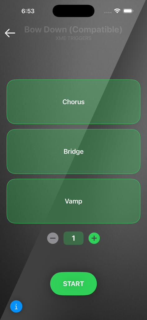 XME Triggers app screen with Chorus Bridge and Vamp section buttons