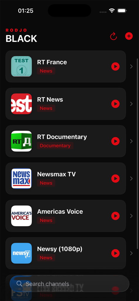 Rodjo Black IPTV player showing a list of news channels in dark mode