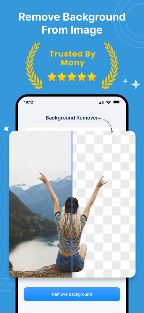 Una interfaz de aplicación móvil que muestra una comparación de antes y después de la eliminación del fondo de una foto de una persona sentada junto a un lago.