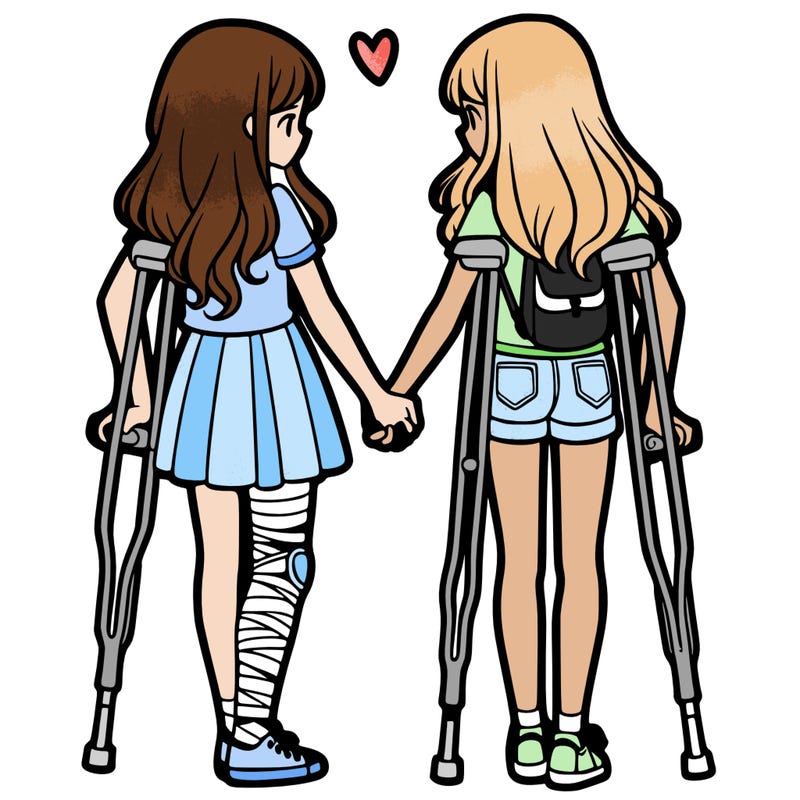 two teenage girls holding hands and one on crutches
