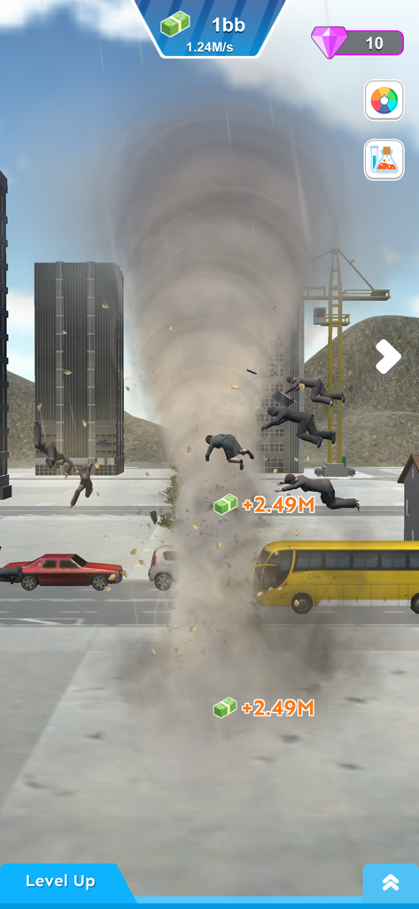 A large whirlwind sucking up people and cars in a city street during gameplay of Whirlwind Evolution.