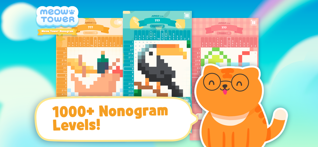 Meow Tower - Nonogram Puzzle - Meow Tower app promotion showing three nonogram puzzle grids and a cute orange cat advertising over 1000 levels.