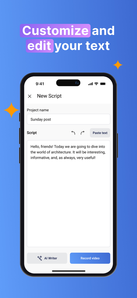 Teleprompter For Video - Pro - Mobile interface for creating and editing video scripts in the Teleprompter app.