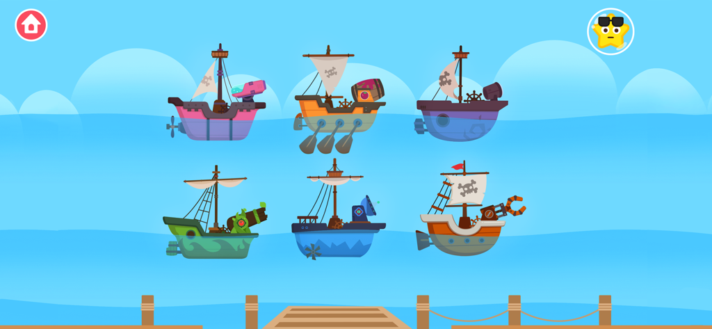 Dinosaur Pirate Games for kids - Six different cartoon pirate ships with unique mechanical tools floating on a calm blue sea.