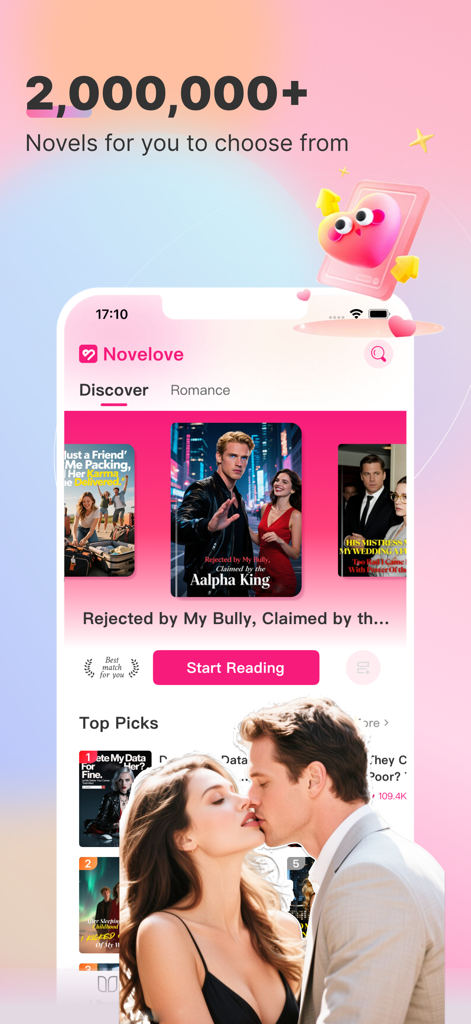 Interface de l'application Novelove montrant une bibliothèque de plus de deux millions de romans d'amour et le bouton de lecture.