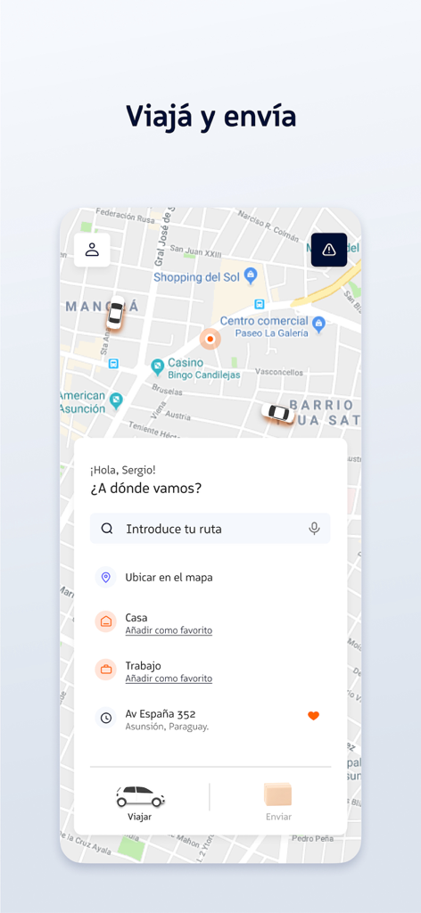 MUV app interface showing a map with available drivers and options for travel or delivery services