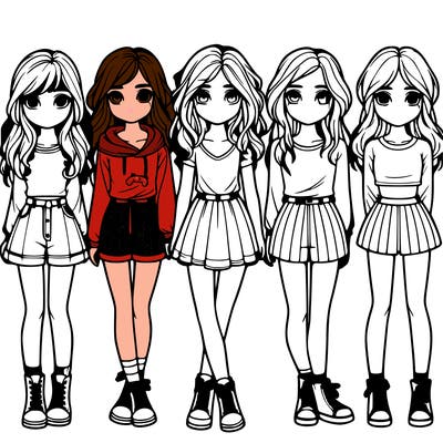 group of 6 realistic girls in a row