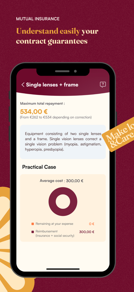 Écran de l'application SideCare montrant les détails de la couverture d'assurance santé pour les soins optiques et les estimations de remboursement.
