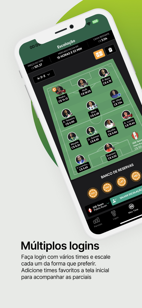 A mobile app screen displaying a 4-3-3 soccer lineup for the Cartola FC fantasy game
