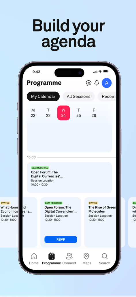 Forum Live - Forum Live app interface showing the event programme and user agenda on an iPhone