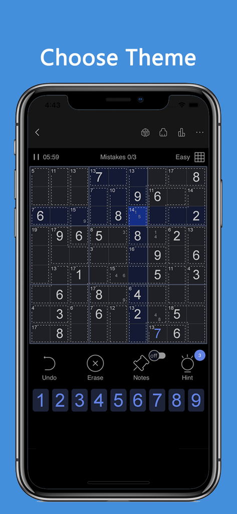 Killer Sudoku app interface with dark mode theme selection