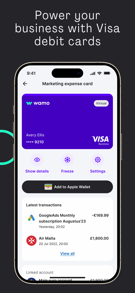 Wamo app interface showing a virtual Visa Business debit card for marketing expenses and recent transactions