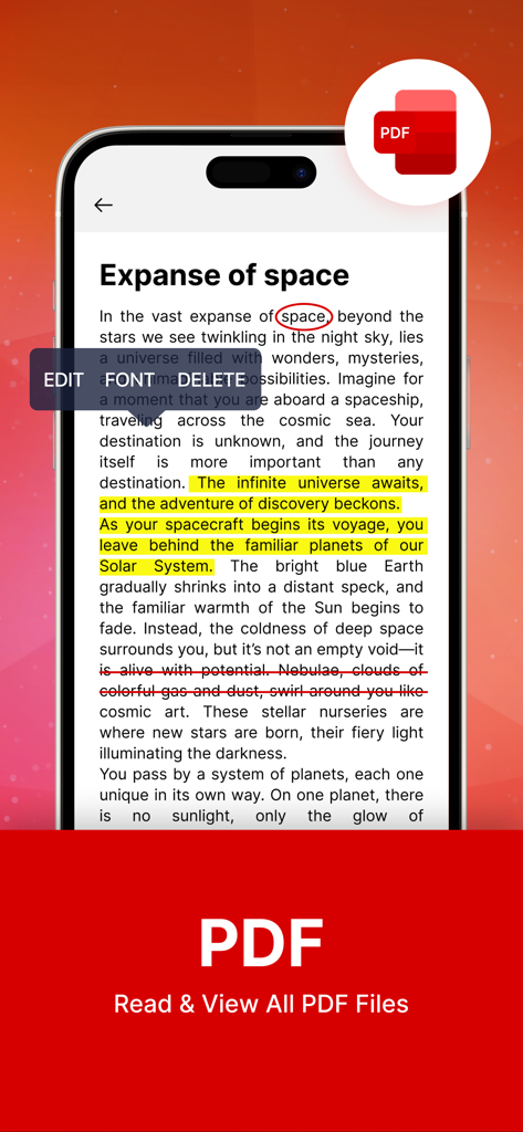PDF Reader - Smart Reader - Interfaz del visor de documentos PDF mostrando texto con resaltados y anotaciones en un dispositivo móvil