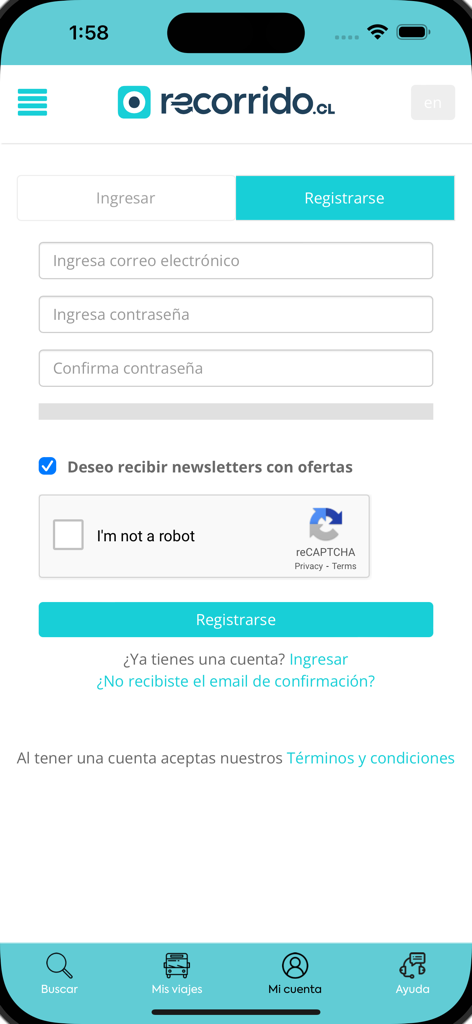 Recorrido app account registration and sign up screen