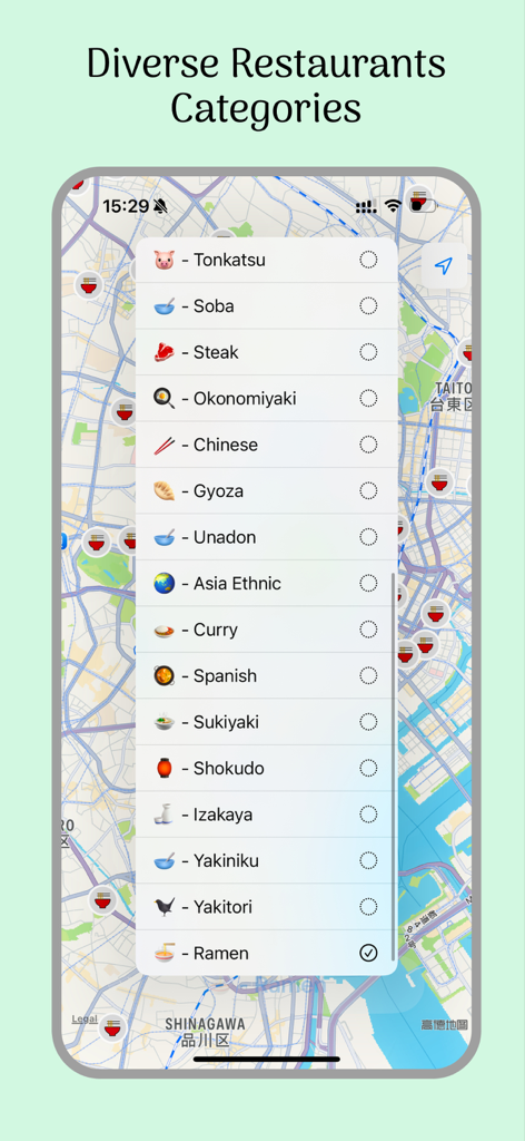 A mobile app screenshot showing a map of Tokyo with an overlay menu listing various Japanese food categories like ramen and sushi