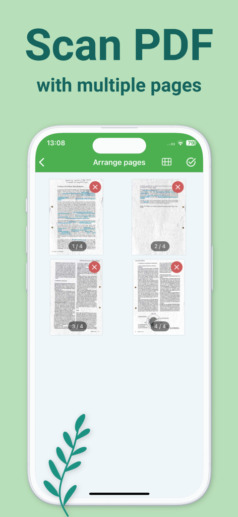 Docutain app interface showing a grid of four scanned pages for a multi page PDF