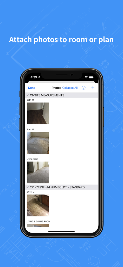 RenoPlan app interface for attaching photos to onsite room measurements and plans