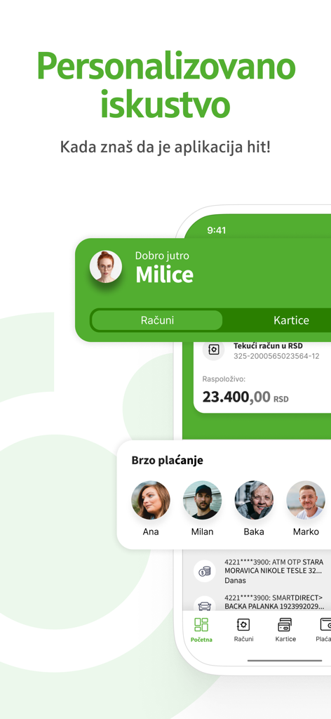 OTP m-bank mobile app showing a personalized greeting and quick payment options
