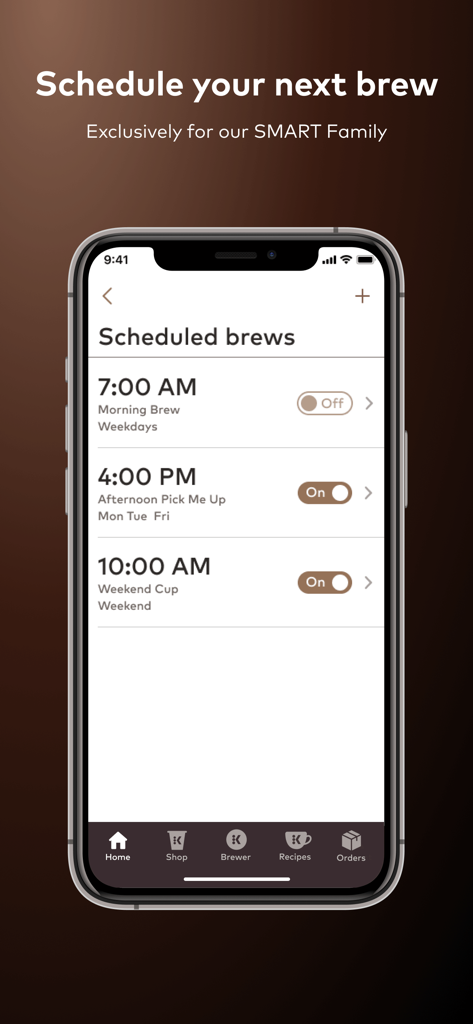 Keurig - Keurig app screen showing scheduled coffee brew times for morning, afternoon, and weekends.