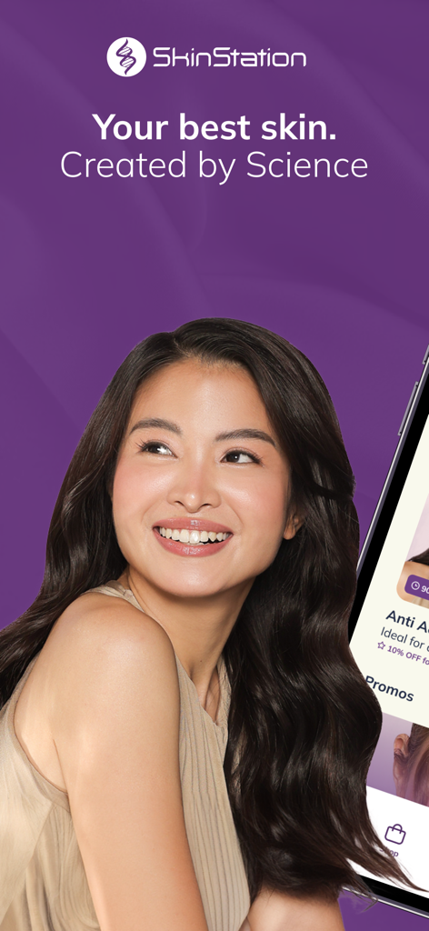 SkinStation Online promotional screen featuring a smiling woman and the slogan Your best skin Created by Science
