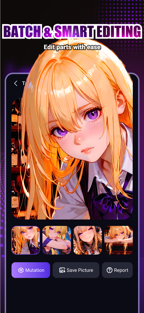 Magic AIアプリのインターフェース。スマート編集と、アニメ少女のバッチバリエーションが表示されています。