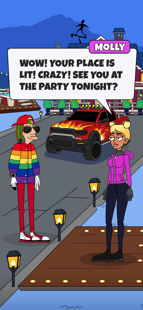 Lamar - Idle Vlogger - Lamar in a rainbow outfit and Molly talking in front of a customized red truck