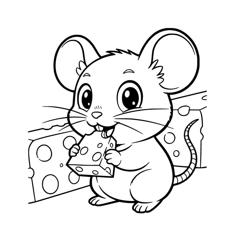 little cute simplistic mouse with big ears eating a piece of cheese