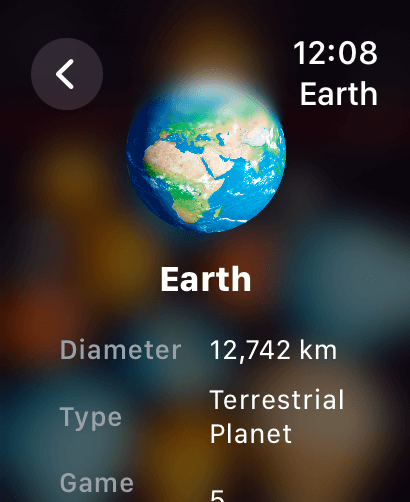 Merge Sun Master for watch - Planet encyclopedia entry for Earth showing diameter and type on Apple Watch
