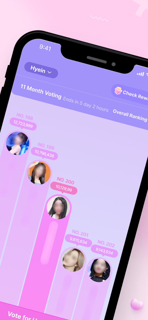 idoki 앱의 랭킹 리더보드를 보여주는 스크린샷, K-POP 아이돌의 현재 득표수 및 순위가 표시됩니다.