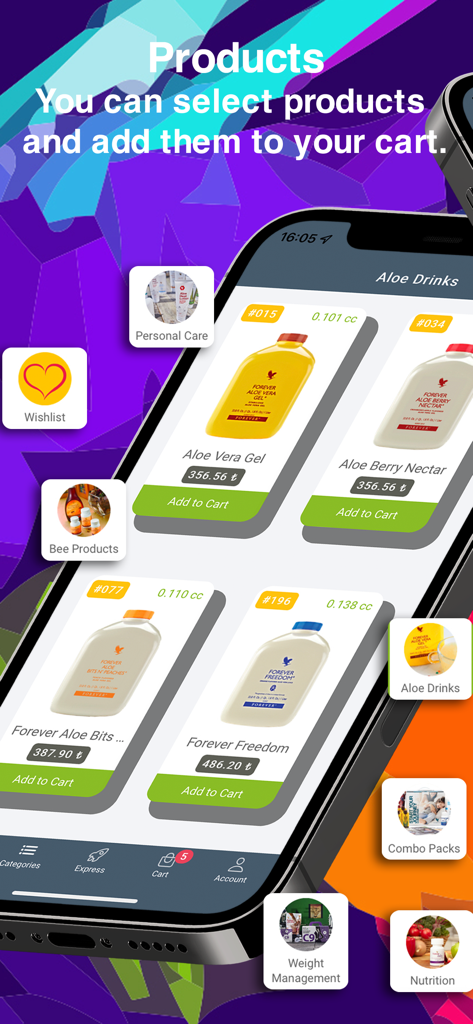 Interface of the Forever Shop app displaying various aloe vera gel drinks with options to add products to the shopping cart