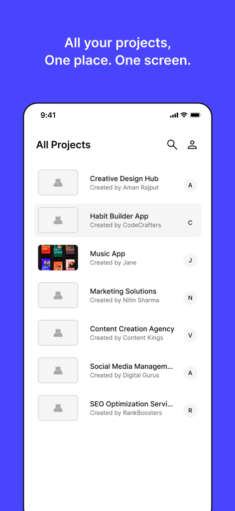 Digia Preview App-Bildschirm, der eine Liste von Entwicklungsprojekten in einem Dashboard anzeigt