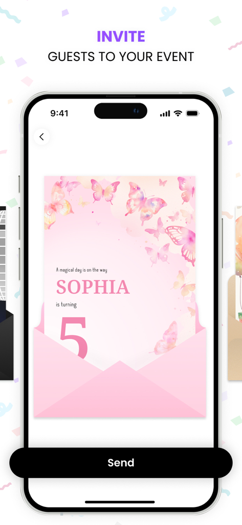 Invitation Maker: AI Invite - A pink butterfly themed digital birthday invitation for a five year old on an iPhone screen