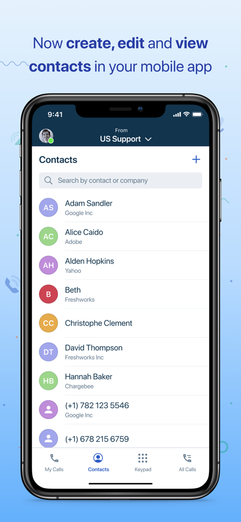 Freshcaller - Freshcaller app interface displaying a business contact list with options to create and edit contacts
