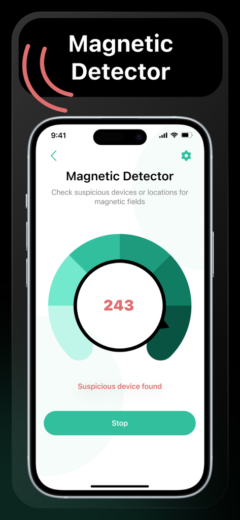 Hidden Device－Detector, Camera - Pantalla del detector magnético mostrando una notificación de dispositivo sospechoso encontrado.