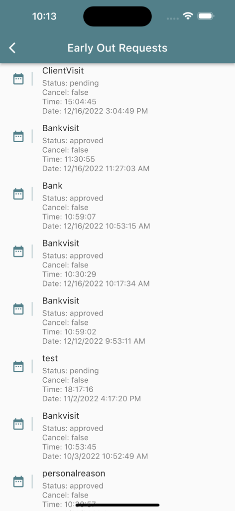 Time Attendance By EasySoft - A mobile screen showing a list of early out requests with details like status time and date